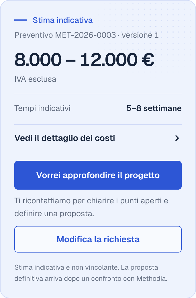 Il pannello della prima stima: da 8.000 a 12.000 euro IVA esclusa, tempi indicativi da 5 a 8 settimane.