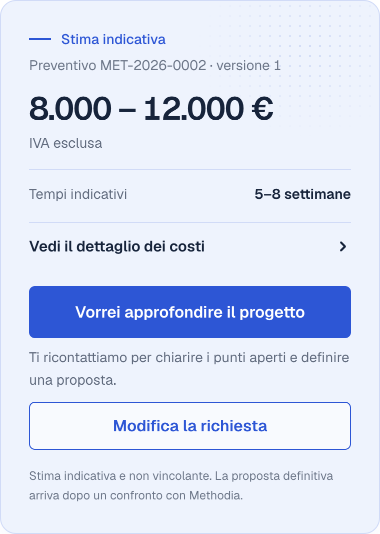 Il pannello della prima stima di Qwote: da 8.000 a 12.000 euro IVA esclusa, tempi indicativi da 5 a 8 settimane.