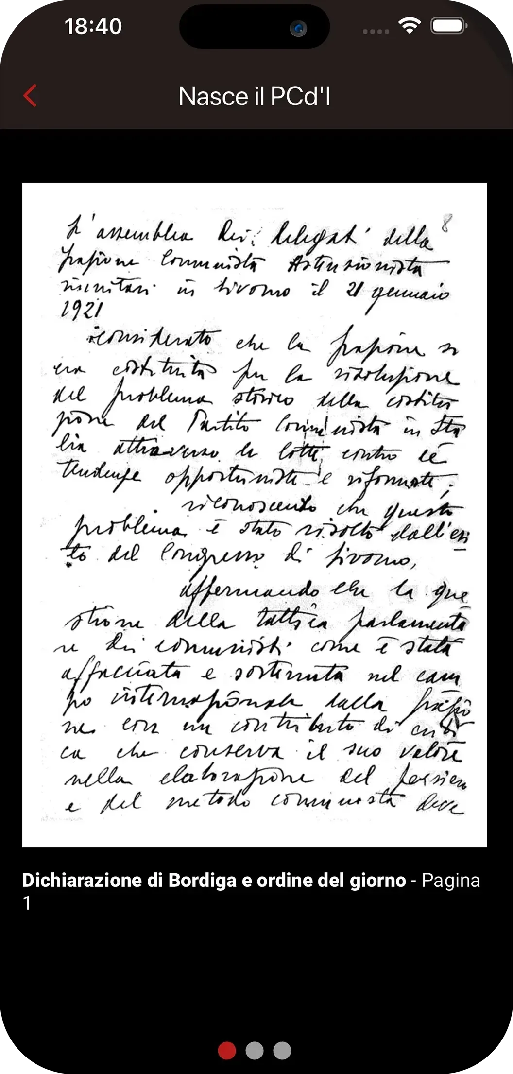 Schermata dell’app 100 X 100 PCI: un documento d’archivio manoscritto nella scheda di un luogo.