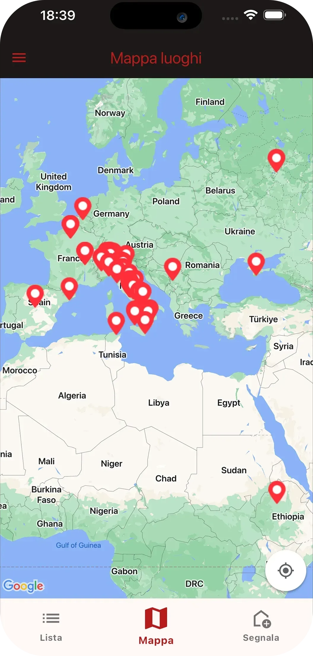 Schermata dell’app 100 X 100 PCI: la mappa con i segnaposto dei luoghi in Italia e in Europa.